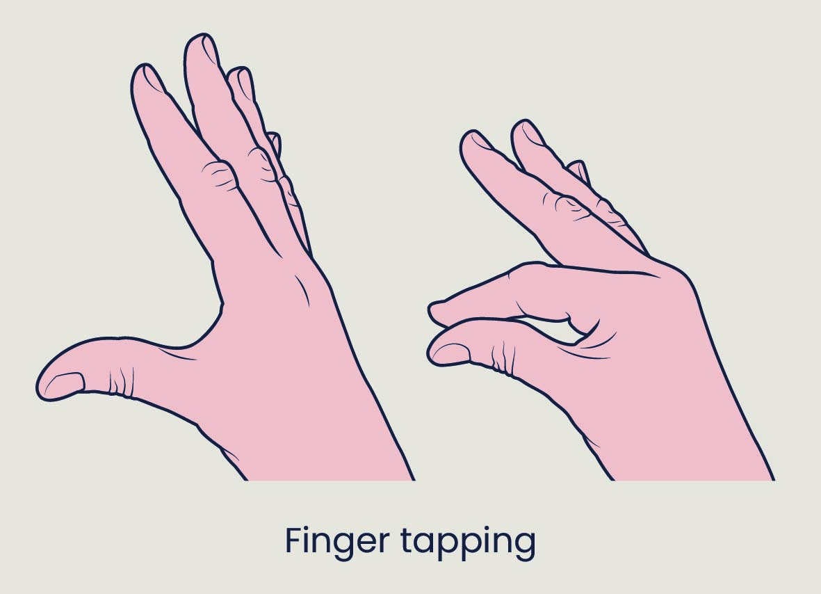 De neuroloog kan je vragen om snel je wijsvinger en duim naar elkaar te brengen. Dit heet finger tapping.