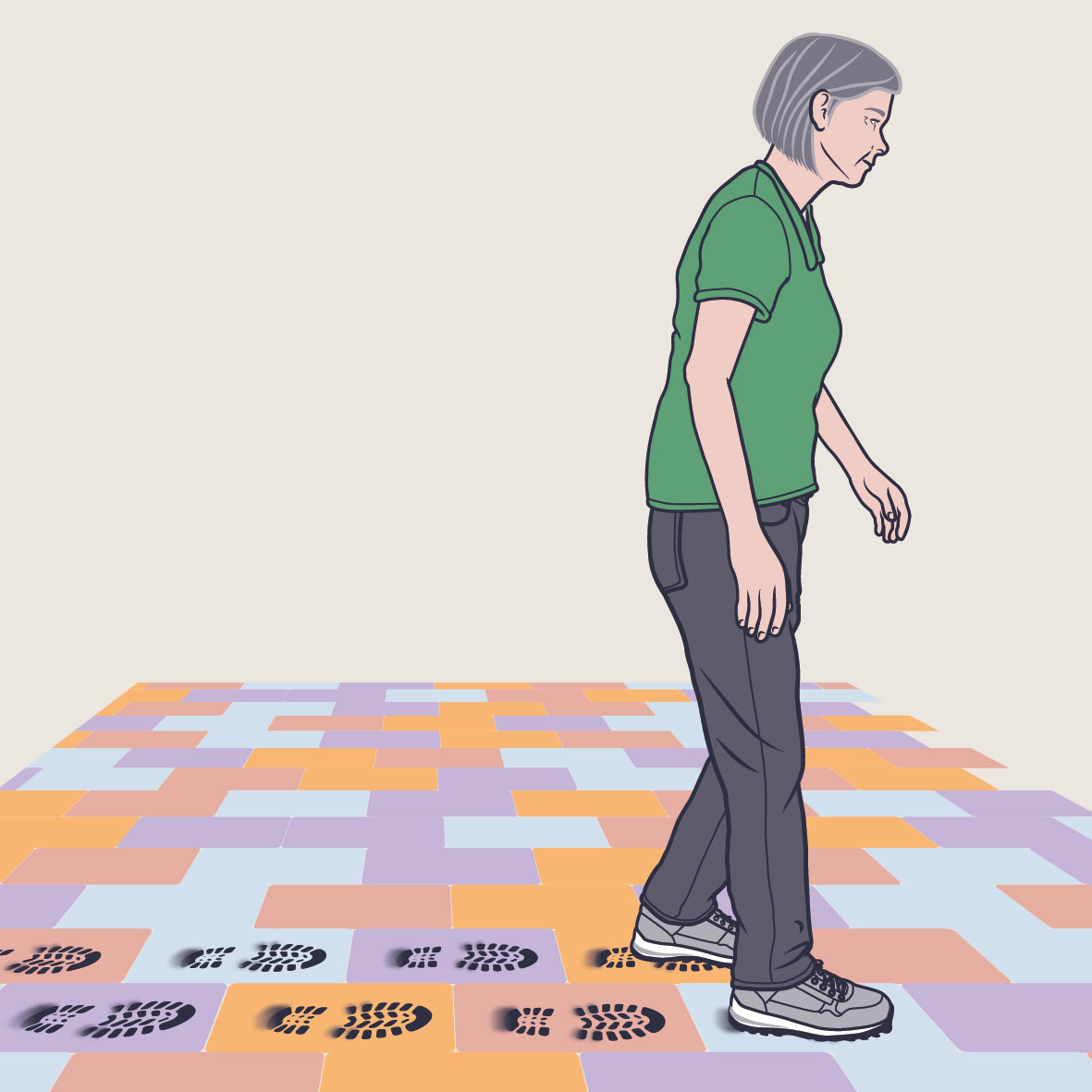 Illustratie van een vrouw die loopt. Ze volgt met haar passen het patroon van de tegels waarover ze loopt.