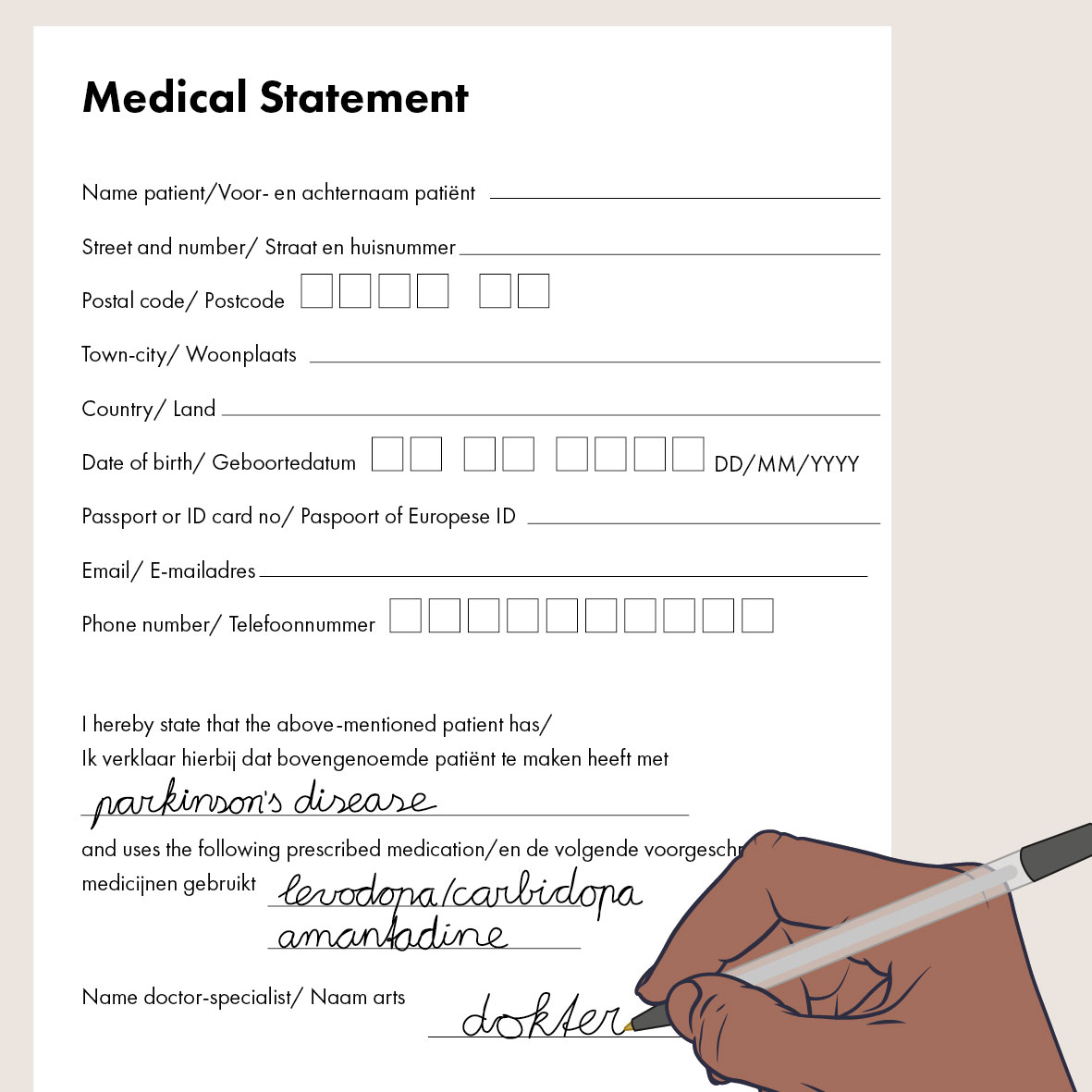 Illustratie van een medicijnverklaring. Je ziet een formulier waarop staat beschreven dat iemand parkinson heeft en hiervoor medicijnen nodig heeft. Onderin zie je een hand die met een pen het formulier ondertekent.
