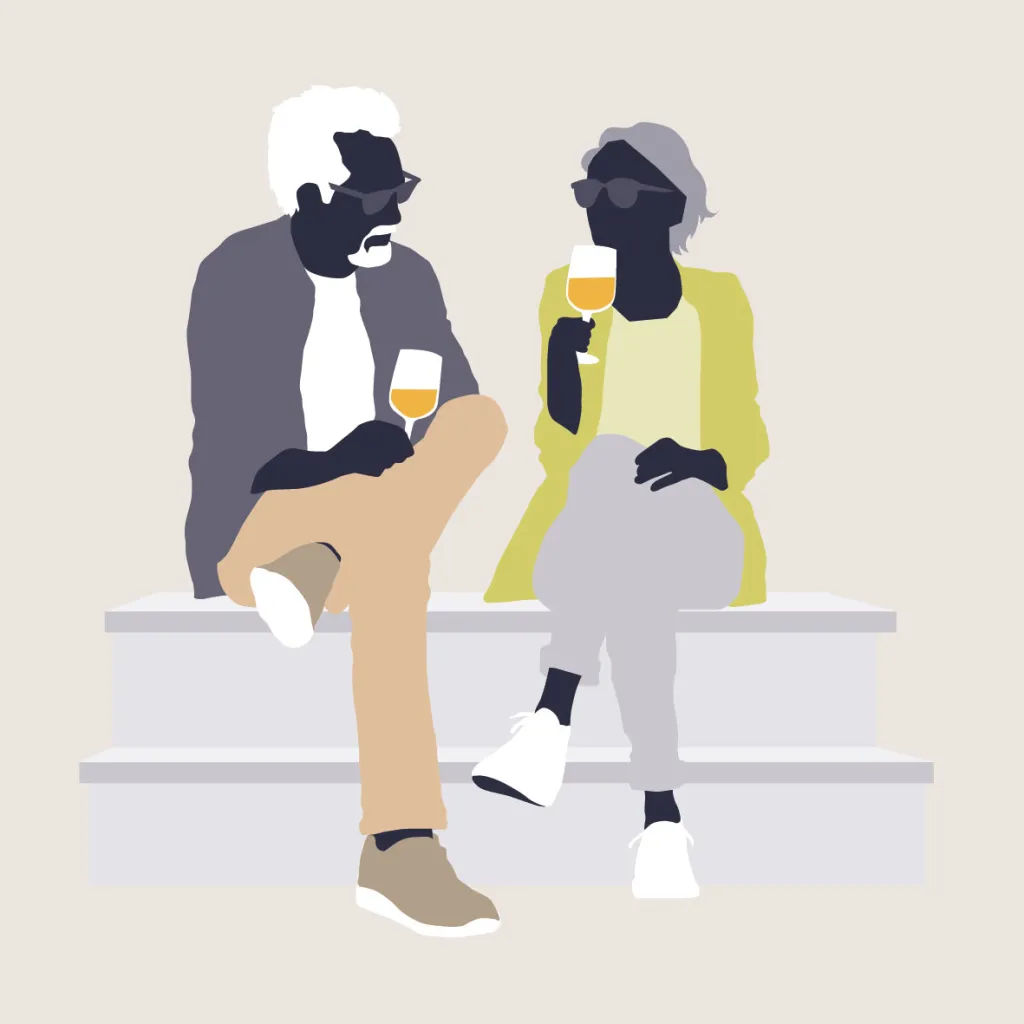 Een illustratie van 2 personen die op een bankje zitten met een glas alcohol in hun hand.