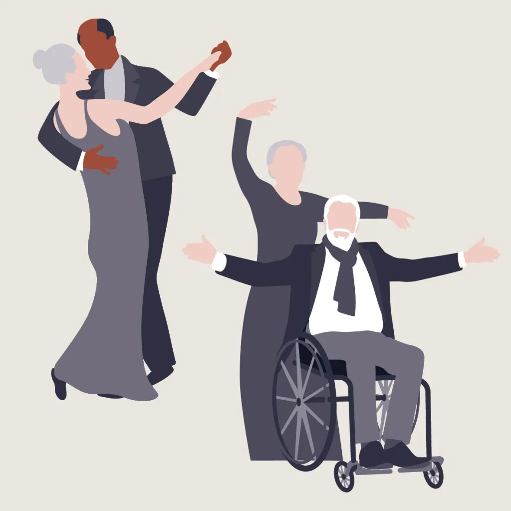 Een illustratie van dansende mensen. Een man en vrouw dansen samen staan. Een andere vrouw danst met een man in een rolstoel.