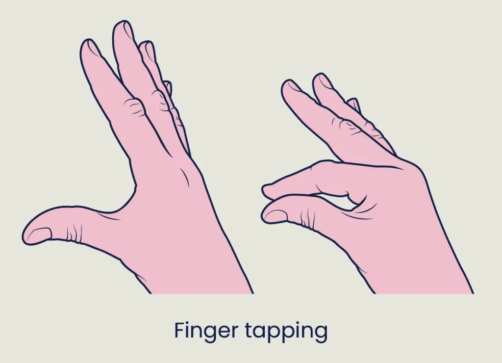 De neuroloog kan je vragen om snel je wijsvinger en duim naar elkaar te brengen. Dit heet finger tapping.