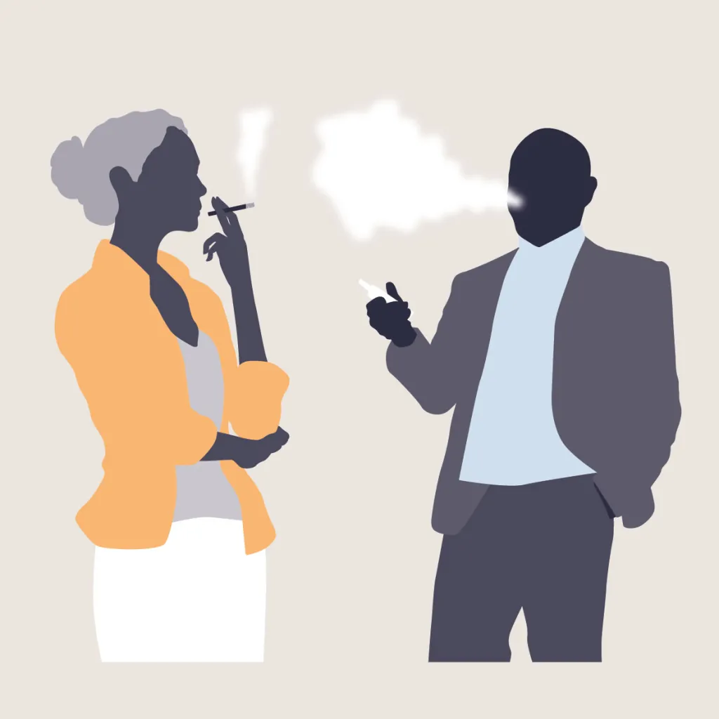 Een illustratie van een vrouw die rookt en een man met een vape.