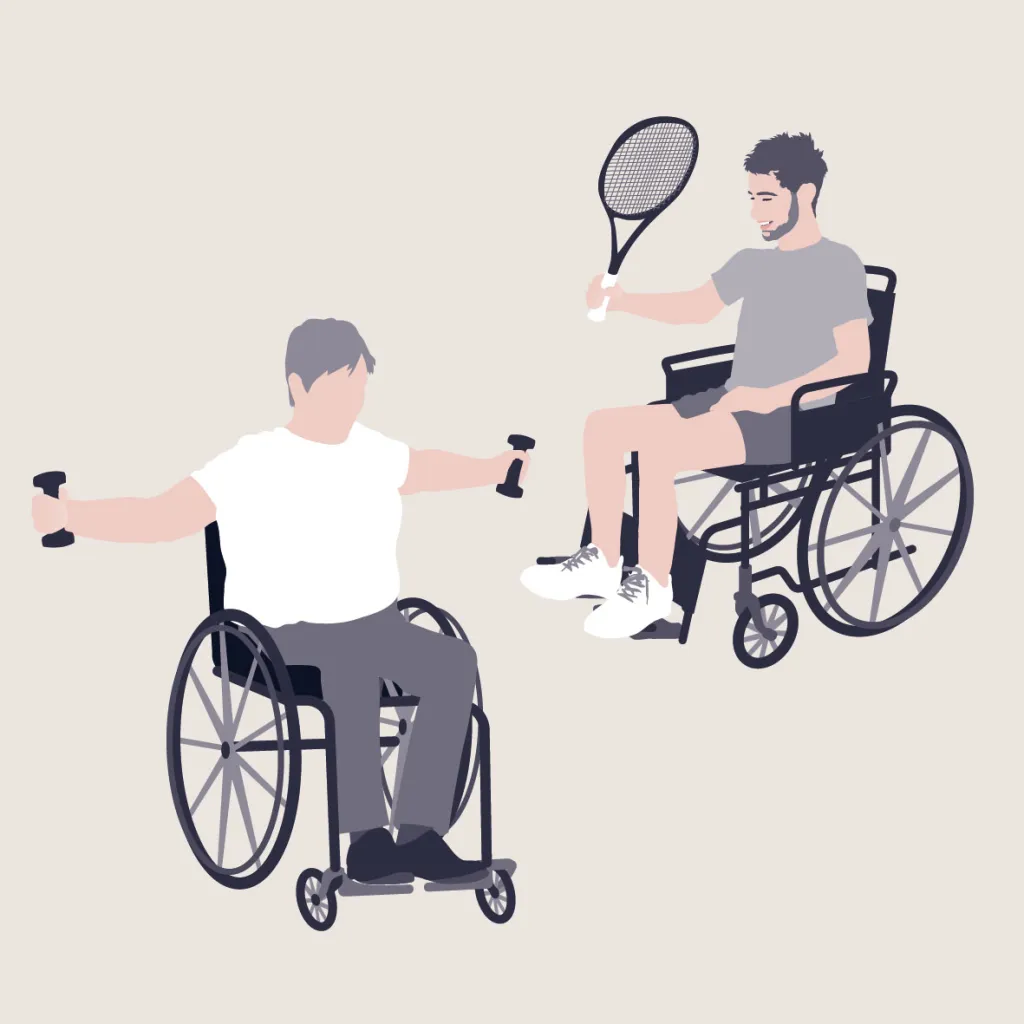 Een illustratie van twee personen die sporten in een rolstoel. Een persoon heft 2 kleine gewichten op met zijn handen. De ander heeft een tennisracket vast.