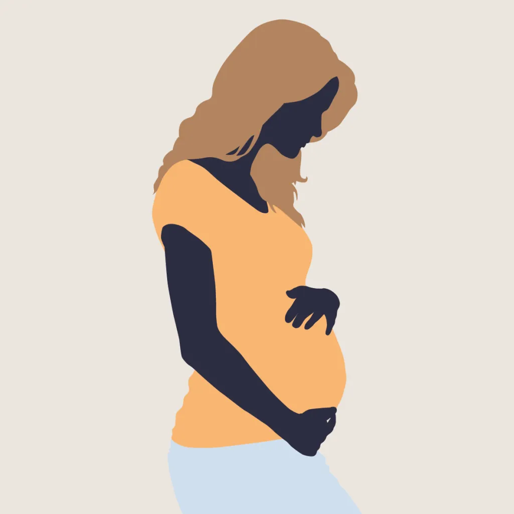 Een illustratie van een zwangere vrouw. Ze heeft haar handen op haar ronde buik gelegd.