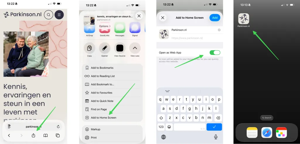 Reeks screenshots die laten zien hoe je Parkinson.nl aan je iPhone homescreen kunt toevoegen als web app