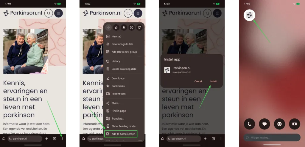 Serie screenshots die toont hoe je een Parkinson.nl icoon aan je Android telefoon kunt toevoegen