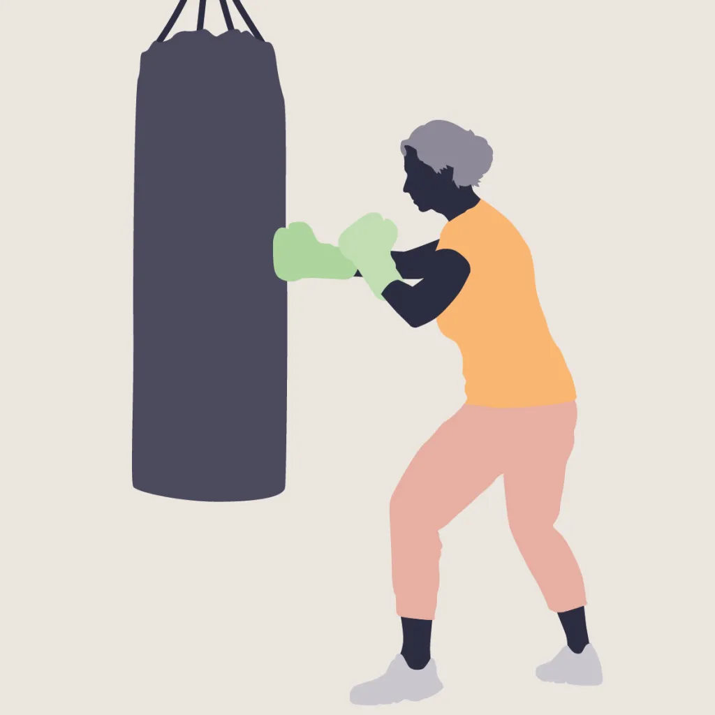 Illustratie van een vrouw die bokst. Ze heeft bokshandschoenen aan en slaat op een bokszak.