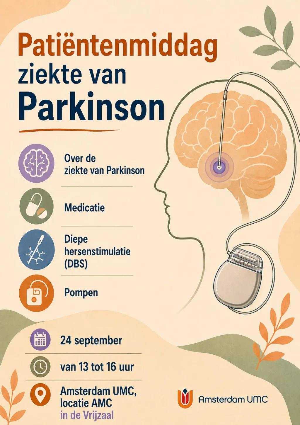 Aankondiging patiëntenmiddag ziekte van Parkinson van Amsterdam UMC op 24 september 2026
