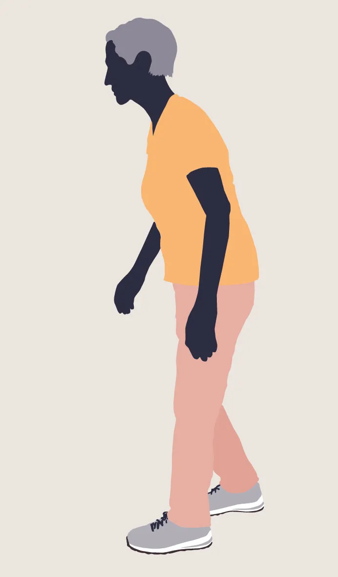 Een illustratie van een vrouw met parkinson. Ze loopt voorzichtig met een wat kromme rug.