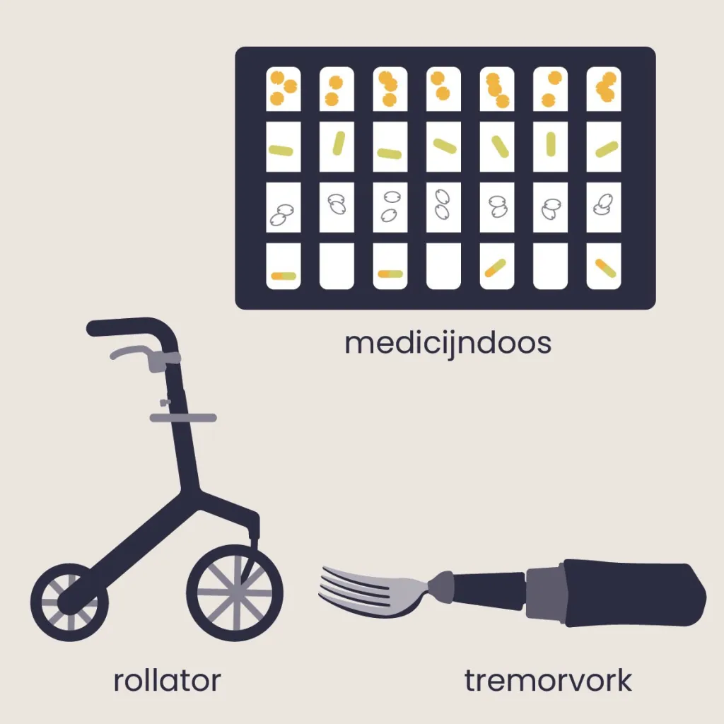 Een illustratie van hulpmiddelen bij parkinson: een medicijndoos, rollator en tremorvork.