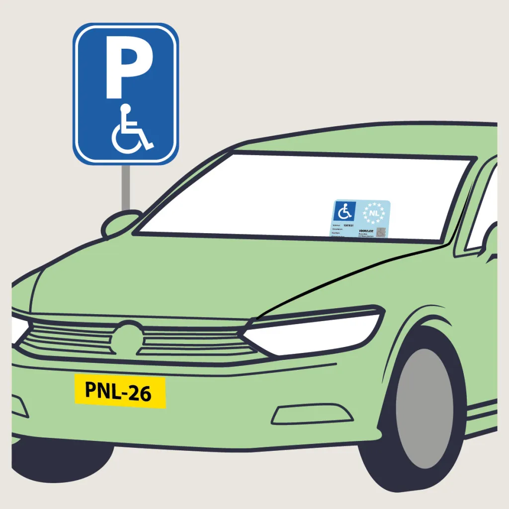 Illustratie van een auto op een gehandicaptenparkeerplek. Achter de voorruit ligt een gehandicaptenparkeerkaart.